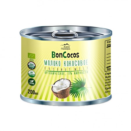 Молоко кокосовое BONCOCOS, органика,  жирность 17%, 200мл, ж/б
